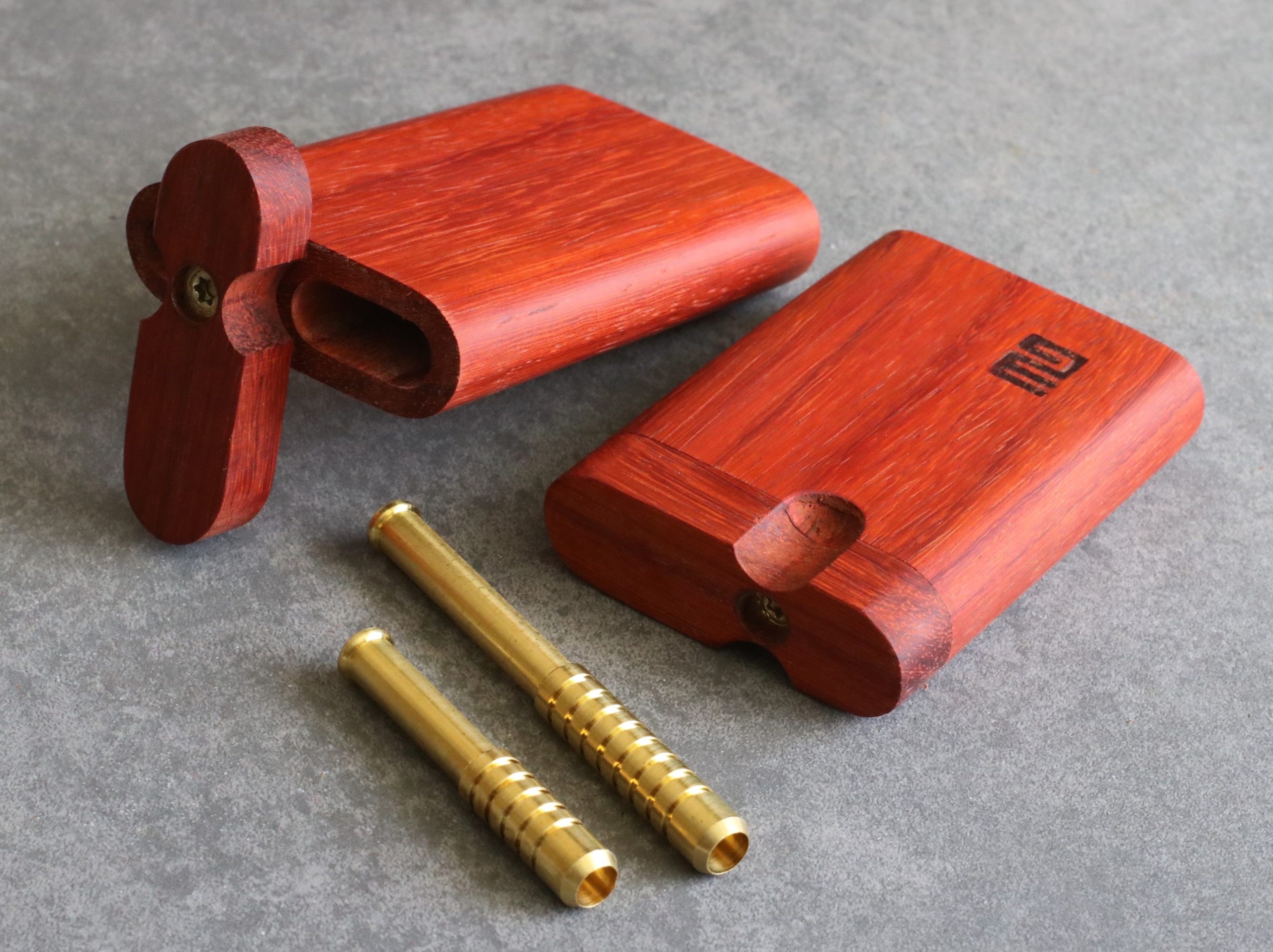 3rd Grain Padauk Wood Dugouts & One Hitter Pipe-American Crafted Stash Box - Honduras Pearl Inlay Dugouts