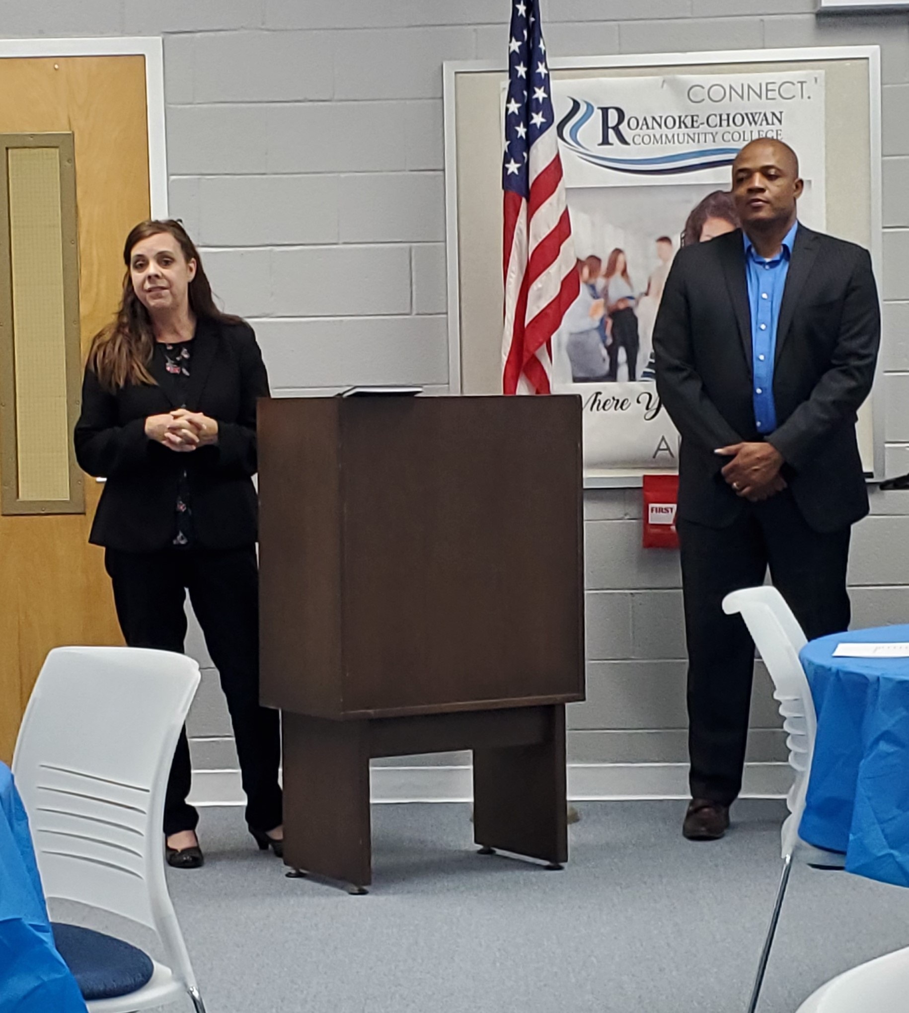 Director Derrick Armstead welcomes guests along with Executive Vice President Stephanie Benson, vice president for workforce & institutional effectiveness.
